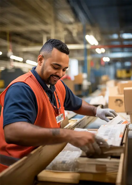 A postal worker sorting mail in a busy post office.
