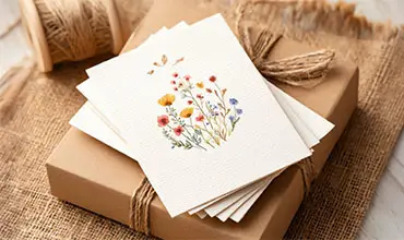 stack of greeting cards with watercolor wildflowers and meadow plants, delicate botanical style, minimal cozy aesthetic.