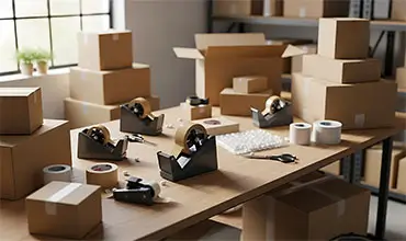 A collection of cardboard boxes and packing supplies are neatly arranged on a wooden table, ready for shipping.